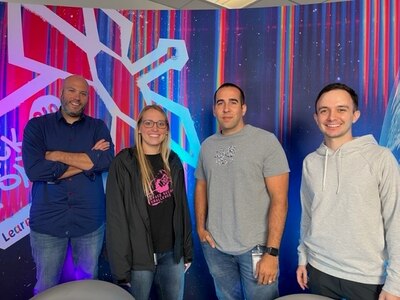 The Space Systems Command Hack-A- Sat experts from left to right are Stephen Colenzo, Rachel Mann, Capt. Elijha Williams, Capt. Kevin Bernert, and  Capt. Ann Sediego (not in the picture). (Photo courtesy of Hack-A-Sat)