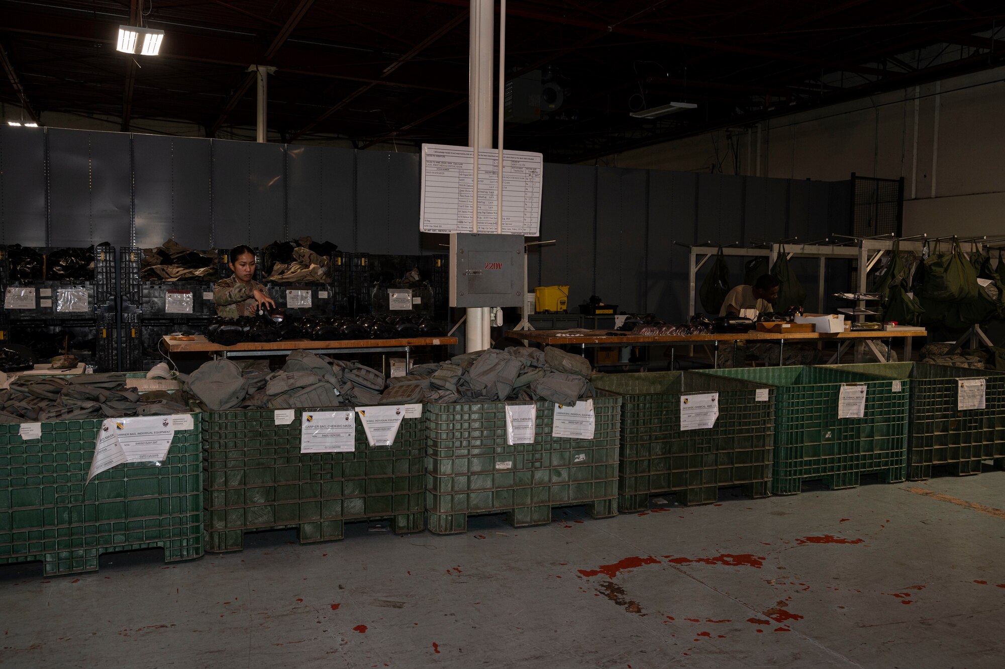 Airman 1st Class Lyka Domingo (left) and Airman Wayne West, both 4th Logistics Readiness Squadron supply technicians, ensure appropriate inventory of M-50 joint service general purpose masks, at Seymour Johnson Air Force Base, North Carolina, Oct. 20, 2022. Airmen oversee advanced planning, organization and verify equipment. (U.S. Air Force photo by Airman 1st Class Sabrina Fuller)