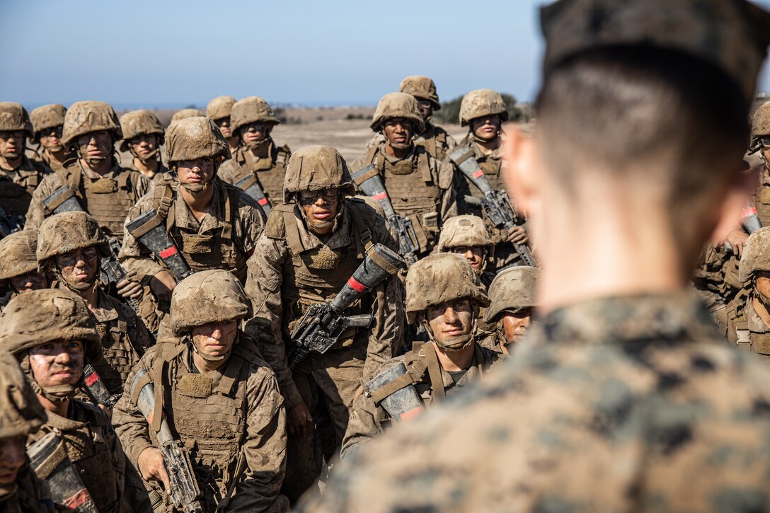 U.S. Marine Corps recruits with Delta Company, 1st Recruit Training Battalion, listen to instructions during the Crucible at Camp Pendleton, California, Oct. 17, 2022. The Crucible is a 54-hour culminating event consisting of mentally and physically demanding challenges with limited food and sleep. (U.S. Marine Corps photo by Cpl. Anthony D. Pio)