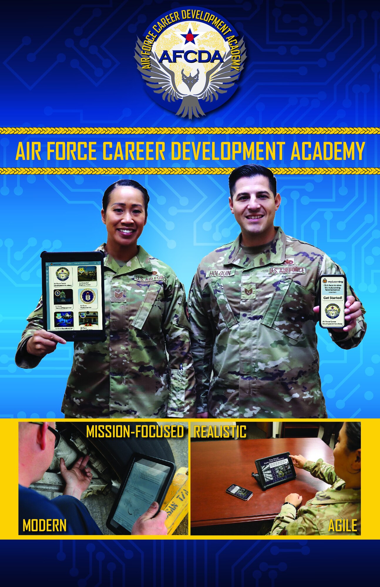 Graphic for the Air Force Career Development Academy depicting two Airmen holding cell phones.