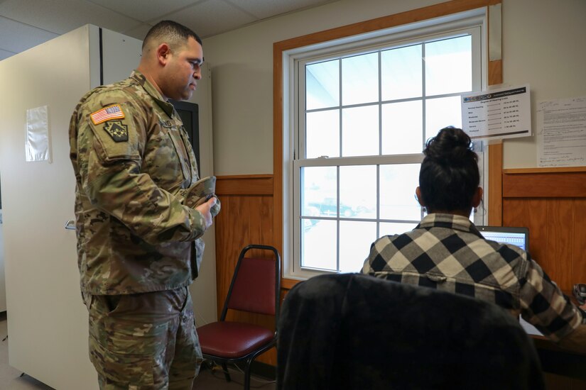 Sgt. 1st Class Edwin Belvis prepares to undergo an auditory exam Oct. 19, 2022, at Fort Indiantown Gap, Pa., as part of the Technician Occupational Medical Surveillance Program. Federal technicians in the Pennsylvania National Guard who are exposed or potentially exposed to occupational hazards are enrolled in the program and evaluated annually in their birth month.
