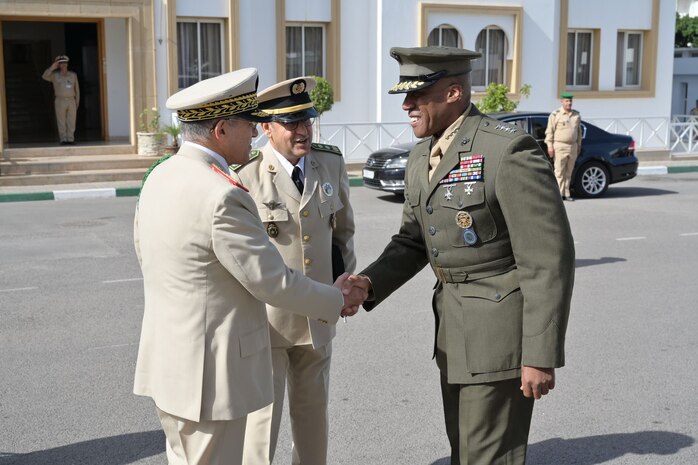 U.S. Marine Corps Gen. Michael Langley, commander, U.S. Africa Command, greets General Belkhir El Farouk, inspector general of the Moroccan Armed Forces and commander of the Southern Zone, to discuss shared security interests and future areas of potential cooperation in Rabat, Morocco, on Oct. 17, 2022. The visit to Morocco, followed by a stop in Tunisia, was Langley's third to Africa since taking command. (photo courtesy of the U.S. Embassy in Morocco)