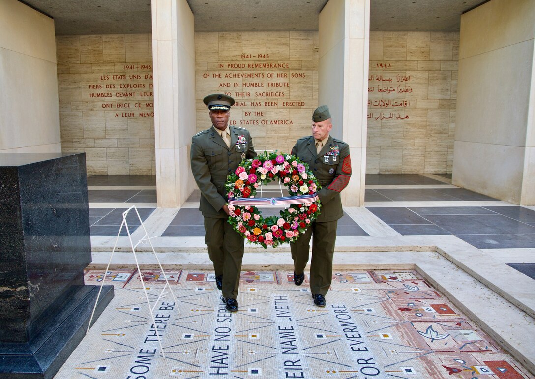 Gen. Langley, commander, and Sgt. Maj. Thresher, senior enlisted leader, laid a wreath at the North Africa American Cemetery & Memorial in Carthage, Tunisia, during a recent trip to honor the final resting place for 2,841 American soldiers who served during World War II. The visit to Tunisia began with a visit to Morocco and was Langley's third to Africa since taking command. (photo courtesy of the U.S. Embassy in Tunisia)