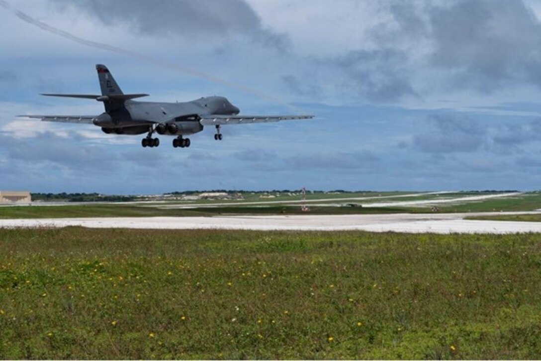A U.S. Air Force B-1B Lancer assigned to the 37th Expeditionary Bomb Squadron, Ellsworth Air Force Base, South Dakota, prepares to land at Andersen AFB, Guam, for a Bomber Task Force mission, Oct. 18, 2022. Carrying the largest conventional payload of both guided and unguided weapons in the Air Force inventory, the multi-mission B-1 is the backbone of America's long-range bomber force. (U.S. Air Force photo by Staff Sgt. Hannah Malone)