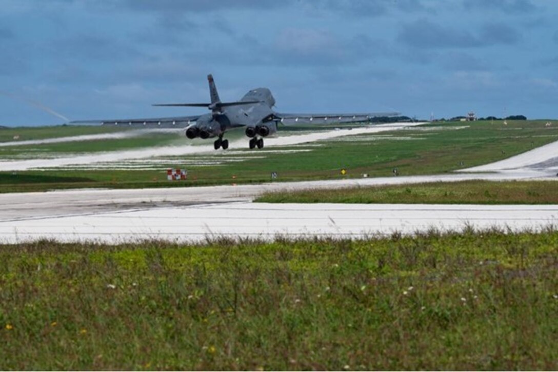 A U.S. Air Force B-1B Lancer assigned to the 37th Expeditionary Bomb Squadron, Ellsworth Air Force Base, South Dakota, lands at Andersen AFB, Guam, for a Bomber Task Force mission, Oct. 18, 2022. The Lancer’s blended wing/configuration, variable-geometry wings and turbofan afterburning engines combine to provide long range maneuverability and high speed while enhancing survivability. (U.S. Air Force photo by Staff Sgt. Hannah Malone)