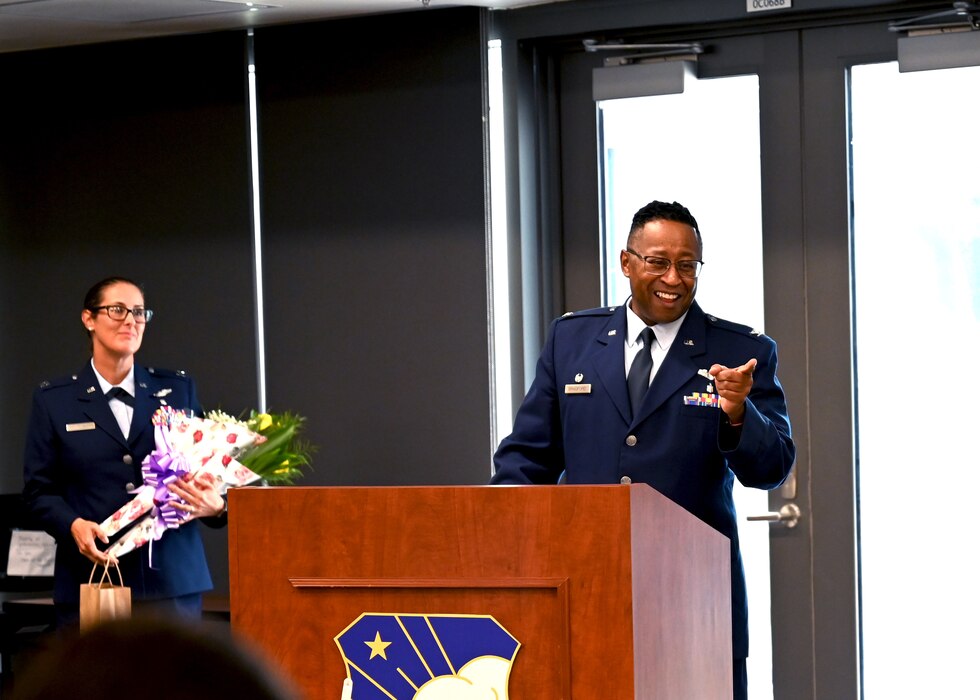 Col. Alvin Bradford, 433rd Medical Squadron commander, delivers a speech during the 433rd MDS assumption of command ceremony Oct. 16, 2022, at Joint Base San Antonio-Lackland, Texas. (U.S. Air Force photo by Staff Sgt. Monet Villacorte)