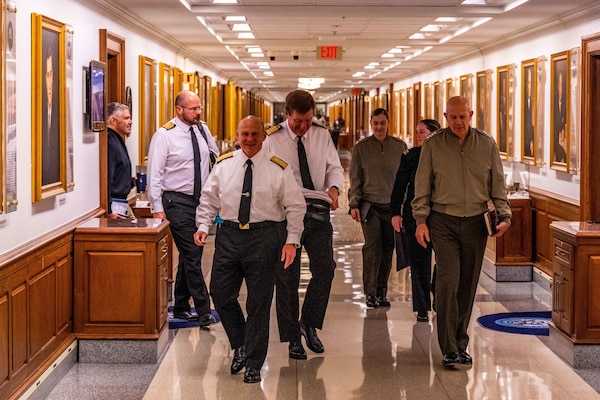 WASHINGTON (October 20, 2022) — Chief of Naval Operations Adm. Mike Gilday (left) meets with Commandant of the Marine Corps Gen. David Berger (right) and Royal Navy First Sea Lord and Chief of Naval Staff Adm. Sir Ben Key (center) for a Strategic Dialogue at the Pentagon, Oct. 20. During the dialogue the leaders discussed maritime strategies, warfighting concepts, and future force design. (U.S. Navy photo by Mass Communication Specialist 1st Class Michael Zingaro/released