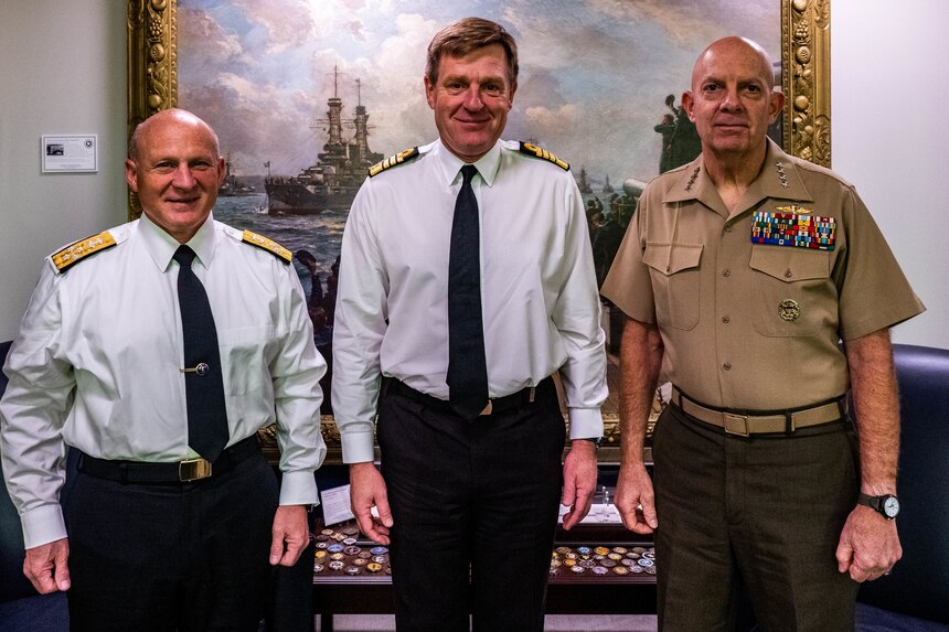 WASHINGTON (October 20, 2022) — Chief of Naval Operations Adm. Mike Gilday (left) meets with Commandant of the Marine Corps Gen. David Berger (right) and Royal Navy First Sea Lord and Chief of Naval Staff Adm. Sir Ben Key (center) for a Strategic Dialogue at the Pentagon, Oct. 20. During the dialogue the leaders discussed maritime strategies, warfighting concepts, and future force design. (U.S. Navy photo by Mass Communication Specialist 1st Class Michael Zingaro/released