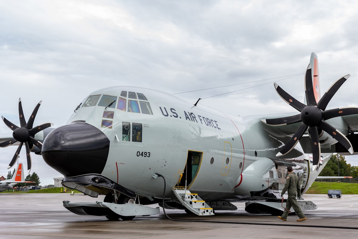 Master Sgt. Christopher Dumond, a flight engineer in the 109th Airlift Wing's 139th Airlift Squadron, conducts preflight maintenance checks on an LC-130H ski equipped aircraft with newly overhauled NP2000 T56-15A (3.5 modified) engines. The test flight was from Stratton Air National Guard Base in Scotia, New York, Oct. 11, 2022.