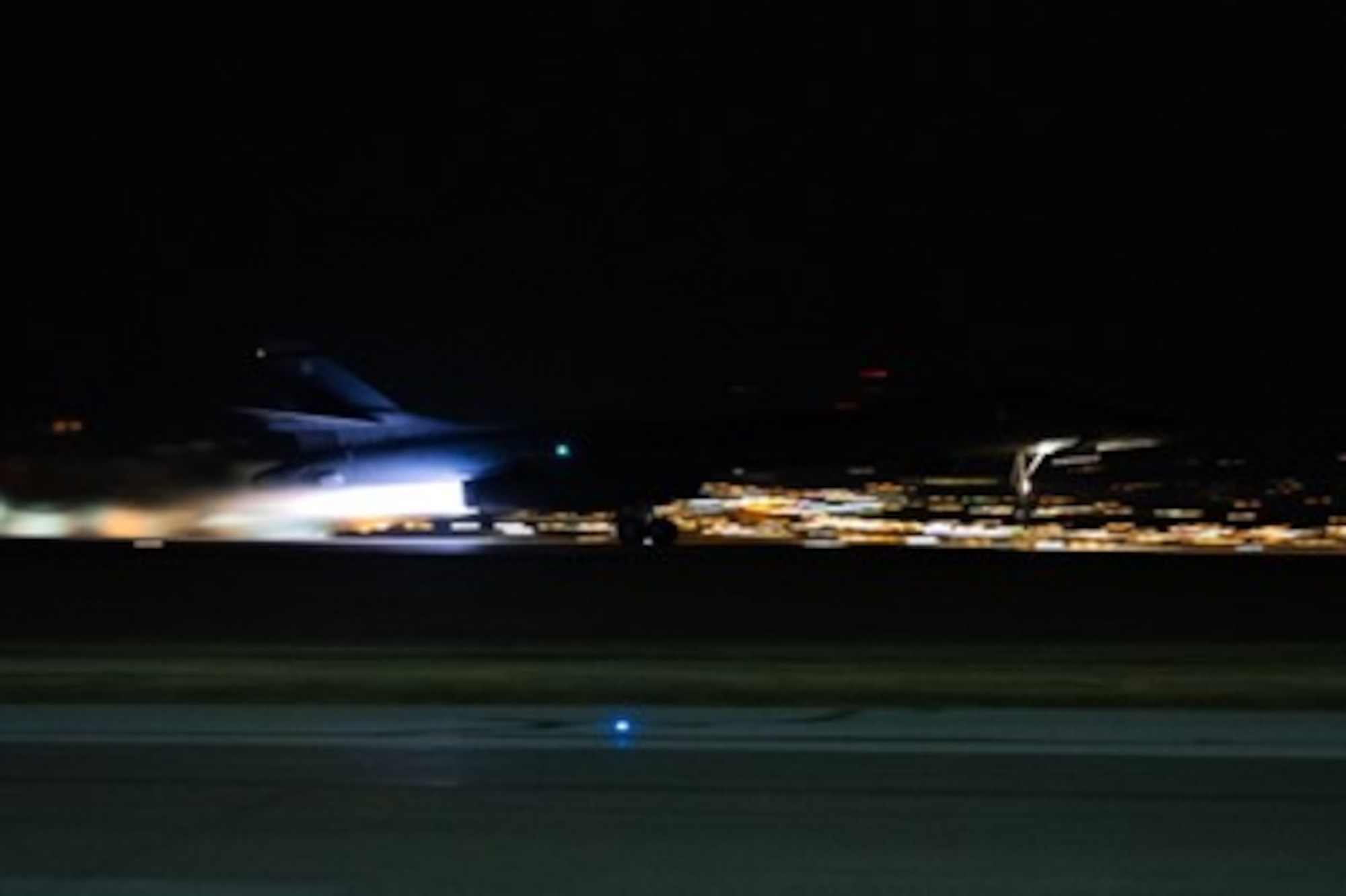 A U.S. Air Force B-1B Lancer takes off from Ellsworth Air Force Base, South Dakota, to travel to the Indo-Pacific in support of a Bomber Task Force operation on Oct. 17, 2022. The multi-capable bomber can rapidly deliver massive quantities of precision and non-precision munitions, anywhere in the world at any time. (U.S. Air Force photo by Senior Airman Austin McIntosh)