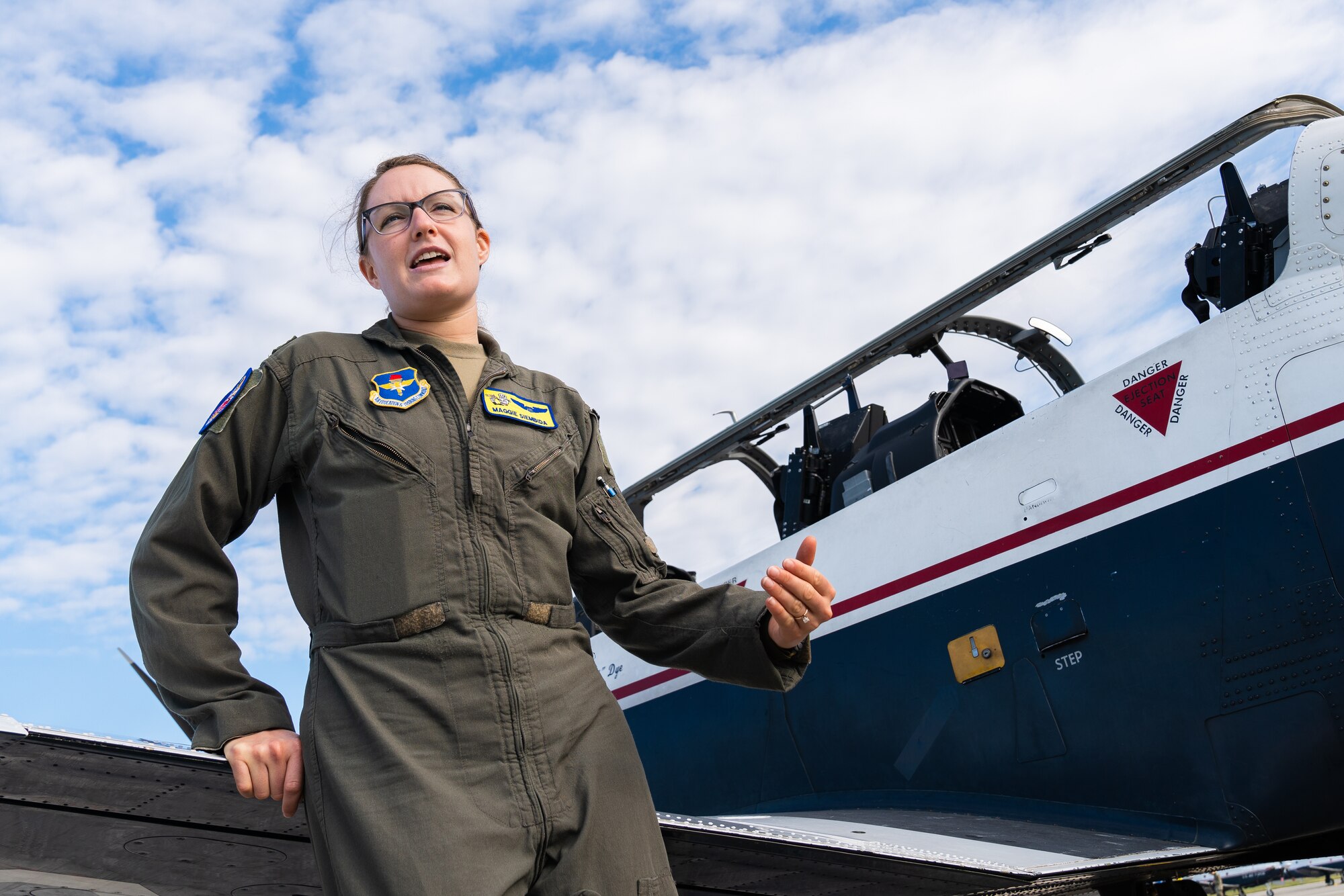 U.S. Air Force Capt. Maggie Siembida, 85th Flying Training Squadron instructor pilot, speaks during an Aviation Inspiration Mentorship event at MacDill Air Force Base, Florida, Oct. 15, 2022.