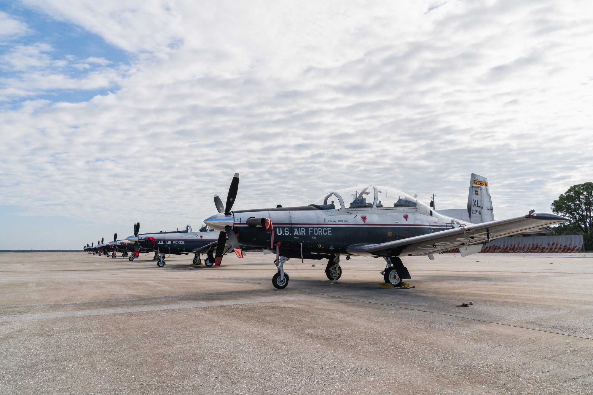 T-6A Texan II aircraft assigned to the 85th Flying Training Squadron are shown on the flight line at MacDill Air Force Base, Florida, Oct. 15, 2022.