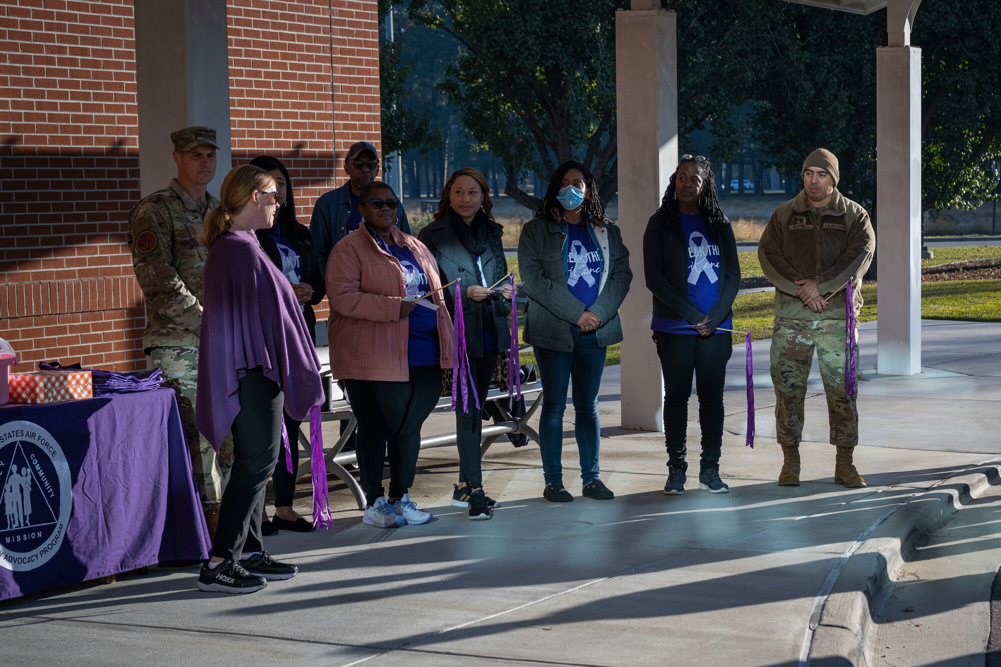 Meghan Teel, wife of Col. Lucas Teel, 4th Fighter Wing commander, talks about domestic violence awareness at Seymour Johnson Air Force Base, North Carolina, Oct. 20, 2022. October is recognized as Domestic Violence Awareness Month.