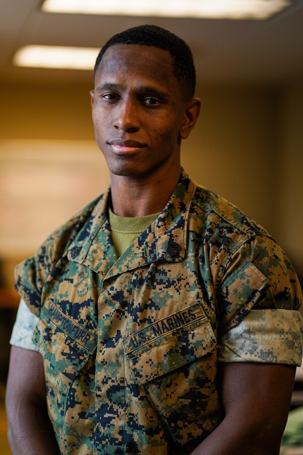 U.S. Marine Corps Sgt. David Hamptonfurr, administrative specialist, Marine Corps Base Quantico, poses for a photo on MCB Quantico, Oct. 4, 2022. Hamptonfurr competed in the 2022 Organization of Competitive Bodybuilding in Bowie, Maryland, making his professional debut. (U.S. Marine Corps photo by Cpl. Eric Huynh)