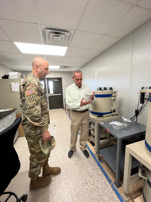 USACE Commanding General Lt. Gen. Scott Spellmon tours the St. Louis District Formerly Utilized Sites Remedial Action Program Laboratory with Lab Manger Brad Wilson Oct. 21. This facility will be used to assess samples taken of the entire Jana Elementary School property. Samples will include soil samples and structure surveys both inside and outside of the school. Testing will begin Monday, Oct. 24 and preliminary results of our testing will be available within two weeks. (US Army Photo by Maj. Grace Geiger)