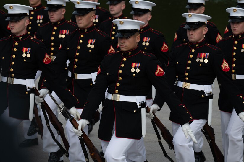 The Marine Corps Silent Drill Platoon performs at the Joint Services Drill Exhibition at the Lincoln Memorial Plaza, Washington, D.C., Oct. 19, 2022. The event brought together drill teams from the U.S. Air Force, Army, Navy, Marine Corps and Coast Guard to compete for the most superlative display of precision, discipline and teamwork. (U.S. Air Force photo by Kristen Wong)