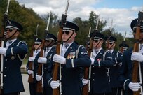 U.S. Air Force Staff Sgt. Robert Day performs alongside other members of the U.S. Air Force Honor Guard Drill Team at the Joint Services Drill Exhibition at the Lincoln Memorial Plaza, Washington, D.C., Oct. 19, 2022. The Drill Team is an elite unit compromising of 25 Airmen who train, on average, five days a week for eight to ten hours per day to obtain their level of mastery. (U.S. Air Force photo by Kristen Wong)