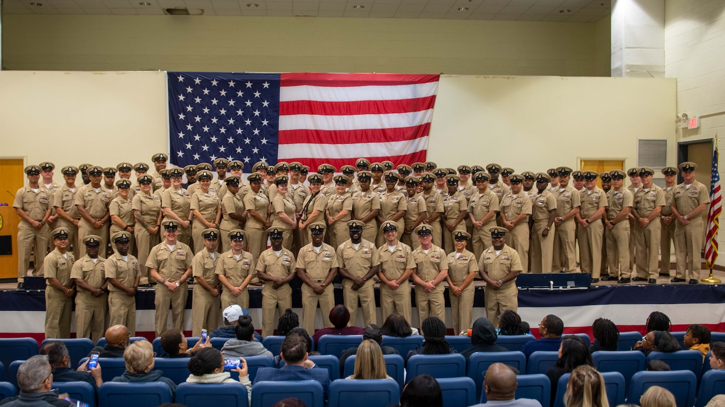 NAVAL STATION NORFOLK (Oct. 21, 2022) The Naval Surface Force Atlantic Chiefs Mess poses for a group photo following the chief pinning ceremony onboard Naval Station Norfolk, Oct. 21, 2022. Nine Sailors received their gold-fouled anchors during the ceremony. (U.S. Navy photo by Mass Communication Specialist 1st Class Jacob Milham)