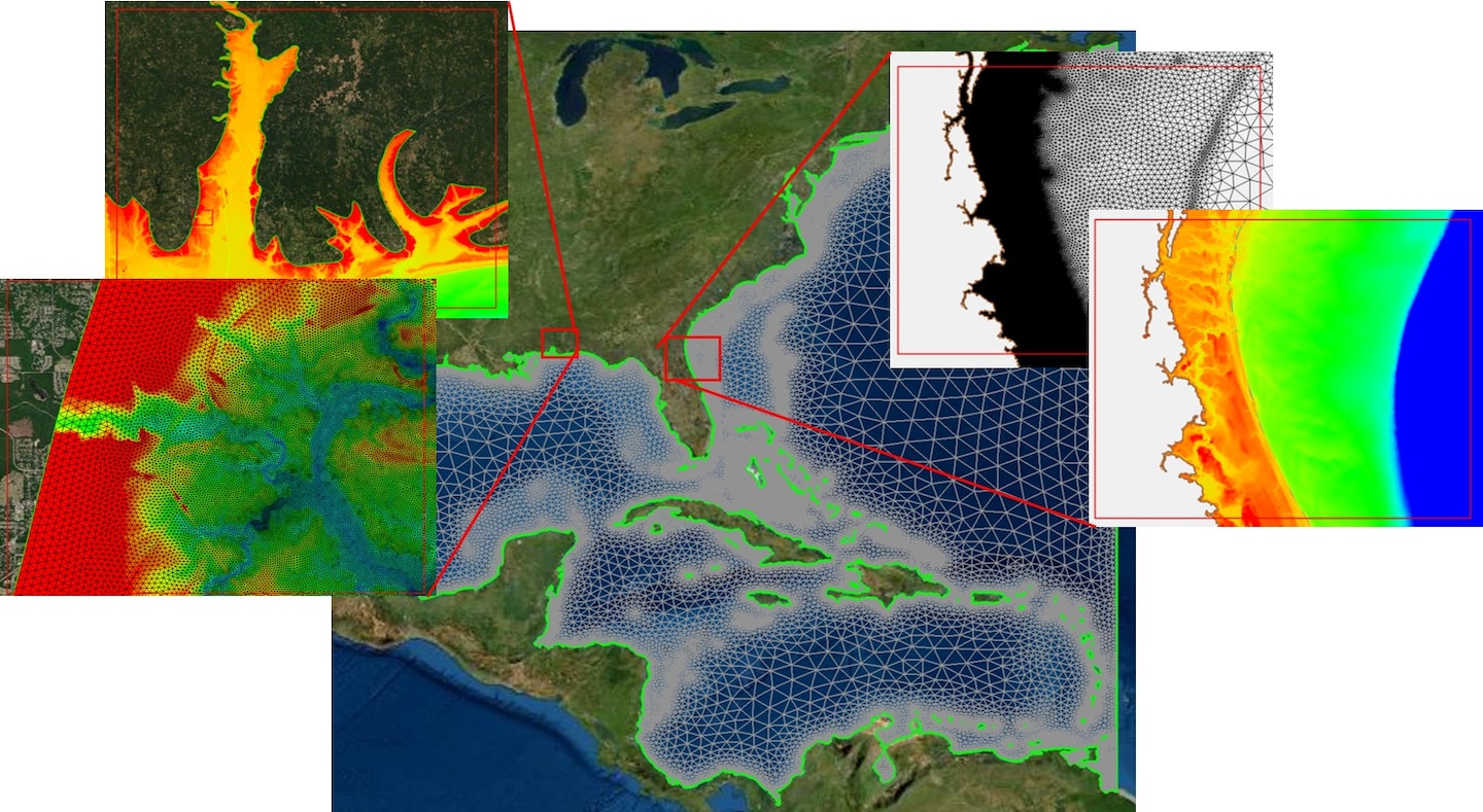 Example ADCIRC meshes showing resolution details and bathymetry.