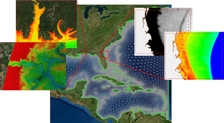 Example ADCIRC meshes showing resolution details and bathymetry.