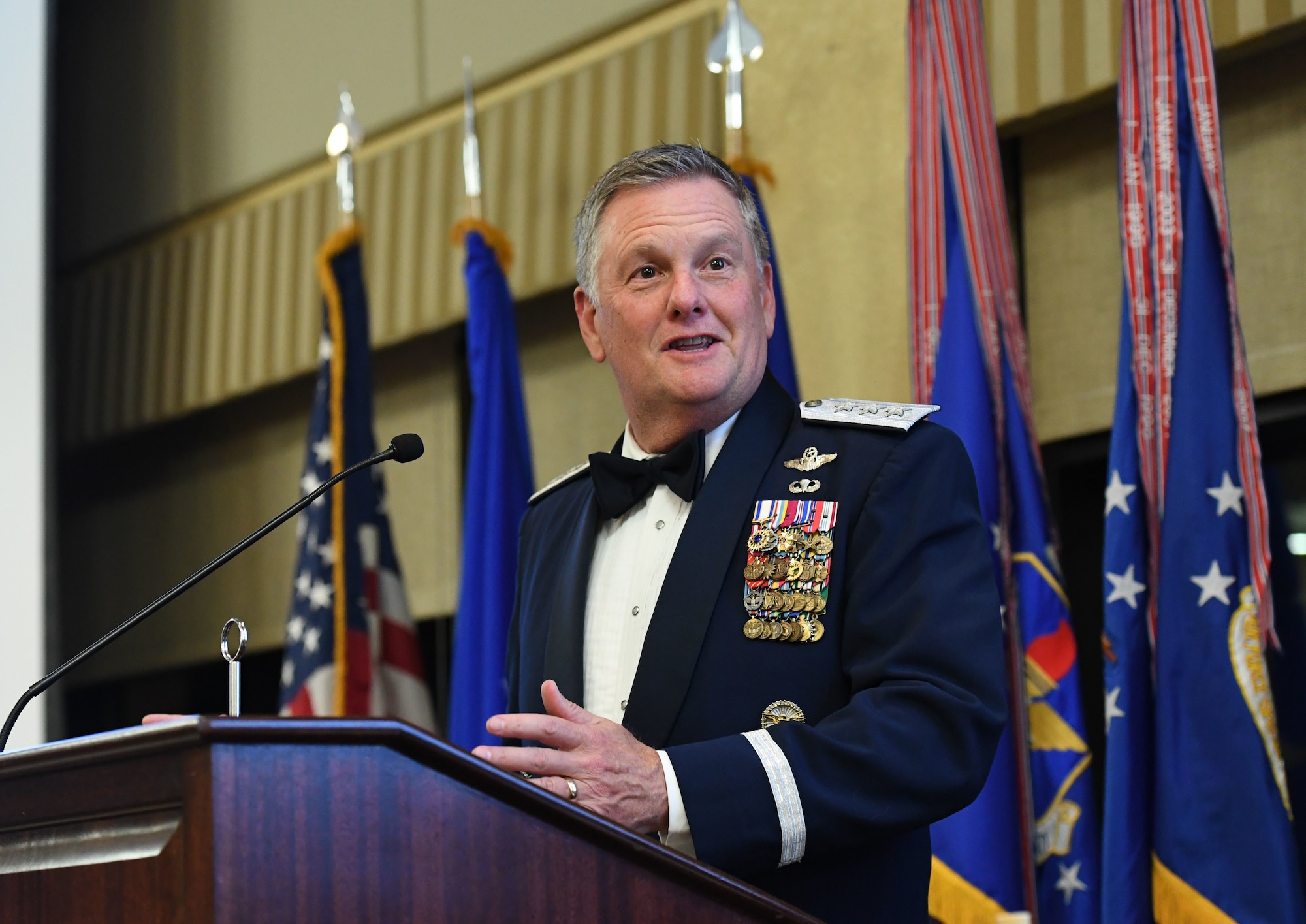U.S. Air Force retired Lt. Gen. Brad Webb delivers remarks during the Order of the Sword Ceremony at Keesler Air Force Base, Mississippi, Oct. 15, 2022