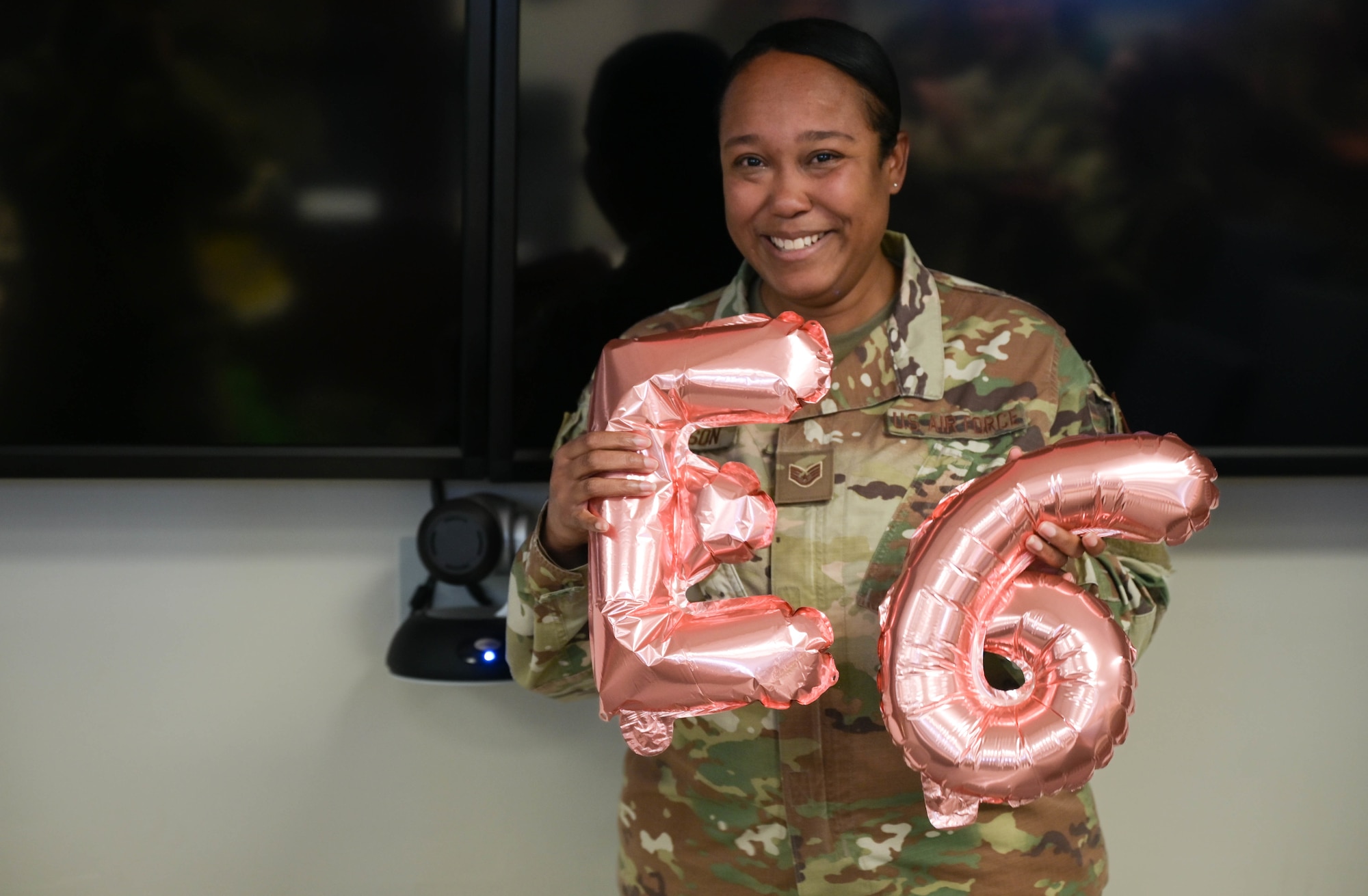 Tech. Sgt. Katherine Johnson, 647th Force Support Squadron force management noncommissioned officer in-charge, earns a Stripes for Exceptional Performers promotion at Joint Base Pearl Harbor-Hickam, Hawaii, Oct. 19, 2022. STEP promotions are used to recognize and promote outstanding Airmen to the grades of staff sergeant through master sergeant. (U.S. Air Force photo by Staff Sgt. Alan Ricker)