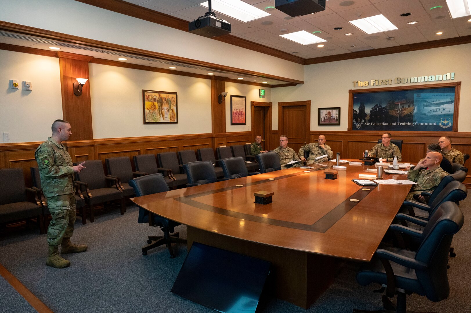 U.S. Air Force Senior Master Sgt. Errick Wernecke, Air Force Safety Center superintendent of nuclear missile systems, pitches a Spark Tank submission to Air Education and Training Command leaders during the 2023 AETC Spark Tank selection panel at Joint Base San Antonio-Randolph, Texas, Oct. 19, 2022