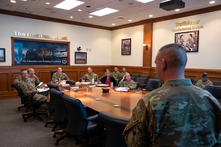 U.S. Air Force Senior Master Sgt. Errick Wernecke, Air Force Safety Center superintendent of nuclear missile systems, pitches a Spark Tank submission to Air Education and Training Command leaders during the 2023 AETC Spark Tank selection panel at Joint Base San Antonio-Randolph, Texas, Oct. 19, 2022.