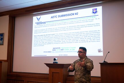 U.S. Air Force Tech. Sgt. Daniel Fournier, 56th Equipment Maintenance Squadron aerospace ground equipment craftsman at Luke Air Force Base, Arizona, pitches a Spark Tank submission to Air Education and Training Command leaders during the 2023 AETC Spark Tank selection panel at Joint Base San Antonio-Randolph, Texas, Oct. 19, 2022
