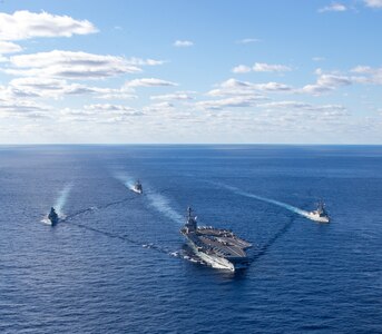 USS Gerald R. Ford (CVN 78) transits the Atlantic Ocean.