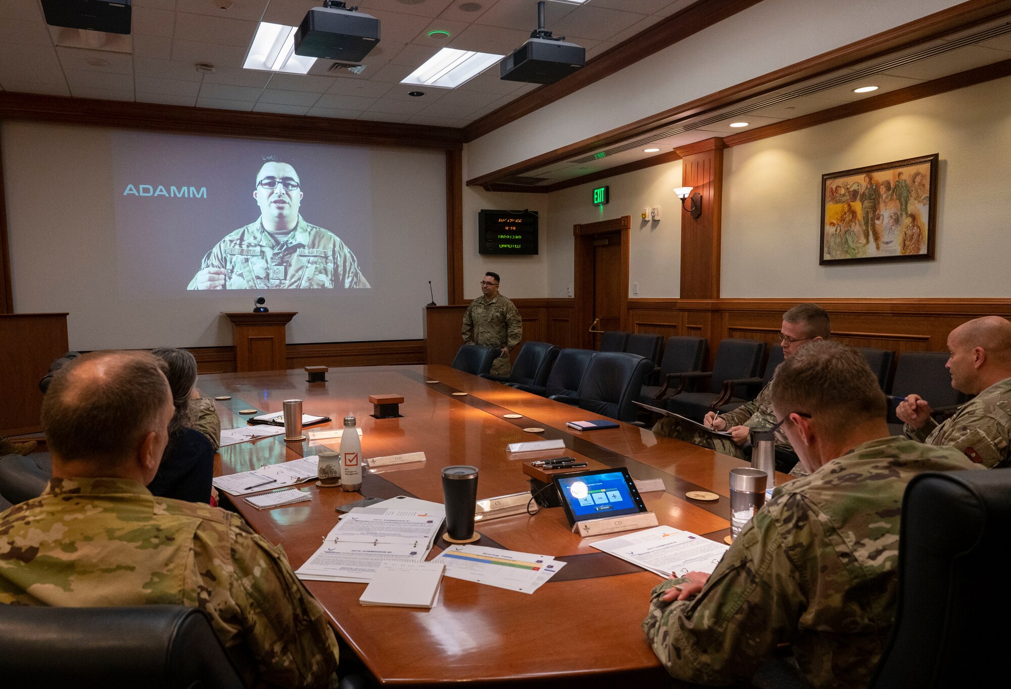 U.S. Air Force Tech. Sgt. Daniel Fournier, 56th Equipment Maintenance Squadron aerospace ground equipment craftsman at Luke Air Force Base, Arizona, pitches a Spark Tank submission to Air Education and Training Command leaders during the 2023 AETC Spark Tank selection panel at Joint Base San Antonio-Randolph, Texas, Oct. 19, 2022
