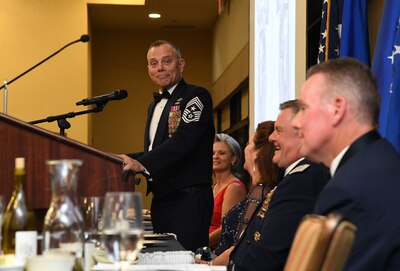 U.S. Air Force Chief Master Sgt. Erik Thompson, command chief of Air Education and Training Command, delivers remarks during the Order of the Sword Ceremony at Keesler Air Force Base, Mississippi, Oct. 15, 2022