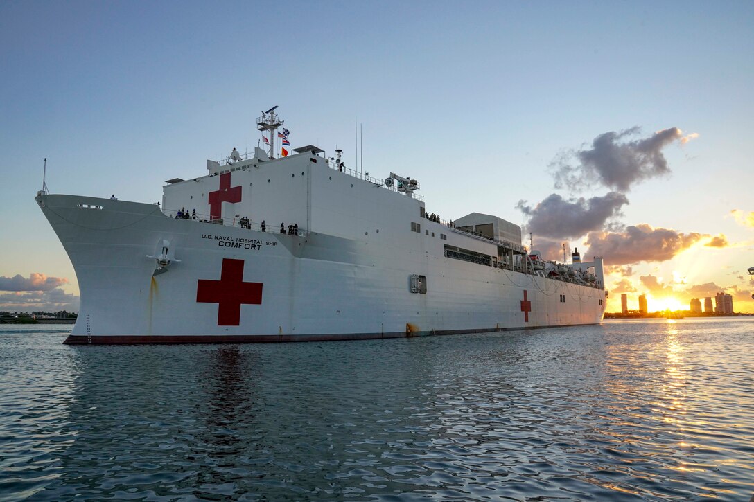 Mercy-class hospital ship USNS Comfort (T-AH 20) arrives in Miami.