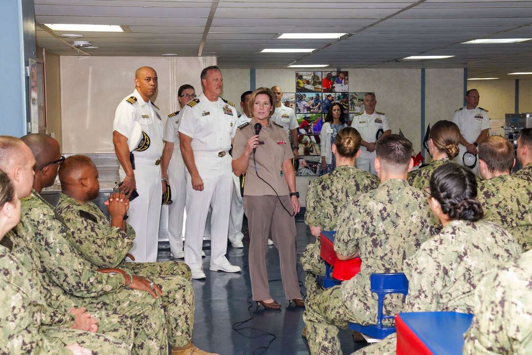 Army Gen. Laura Richardson, commander of U.S. Southern Command, speaks to the crew of hospital ship USNS Comfort.