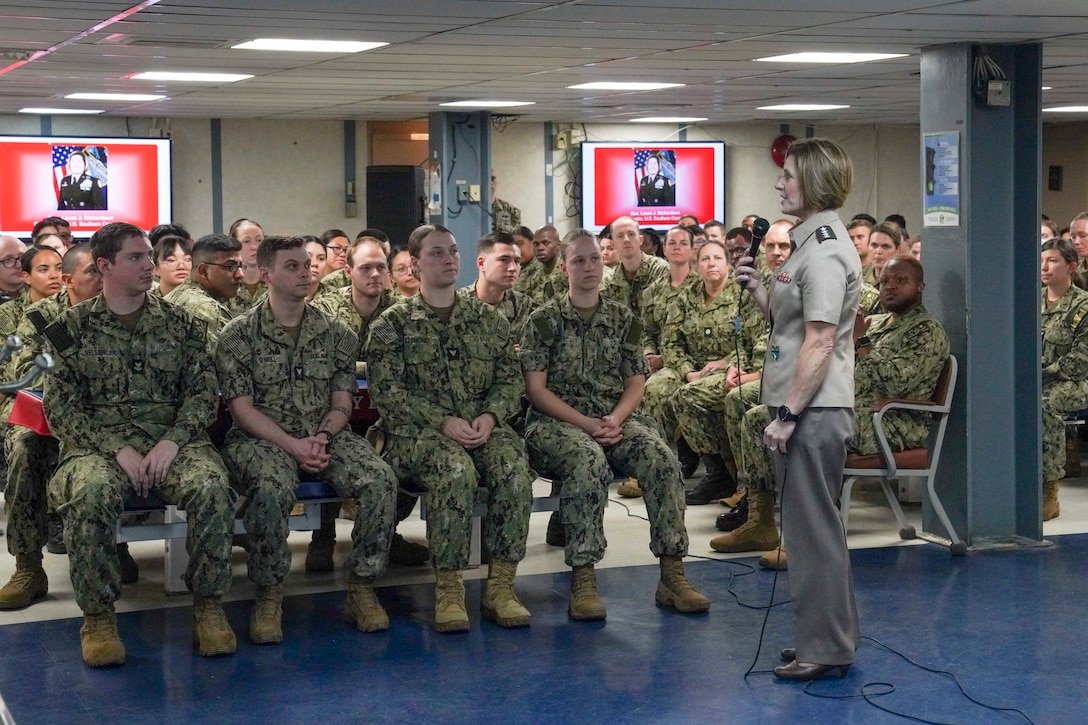 Army Gen. Laura Richardson, commander of U.S. Southern Command, speaks to the crew of hospital ship USNS Comfort.