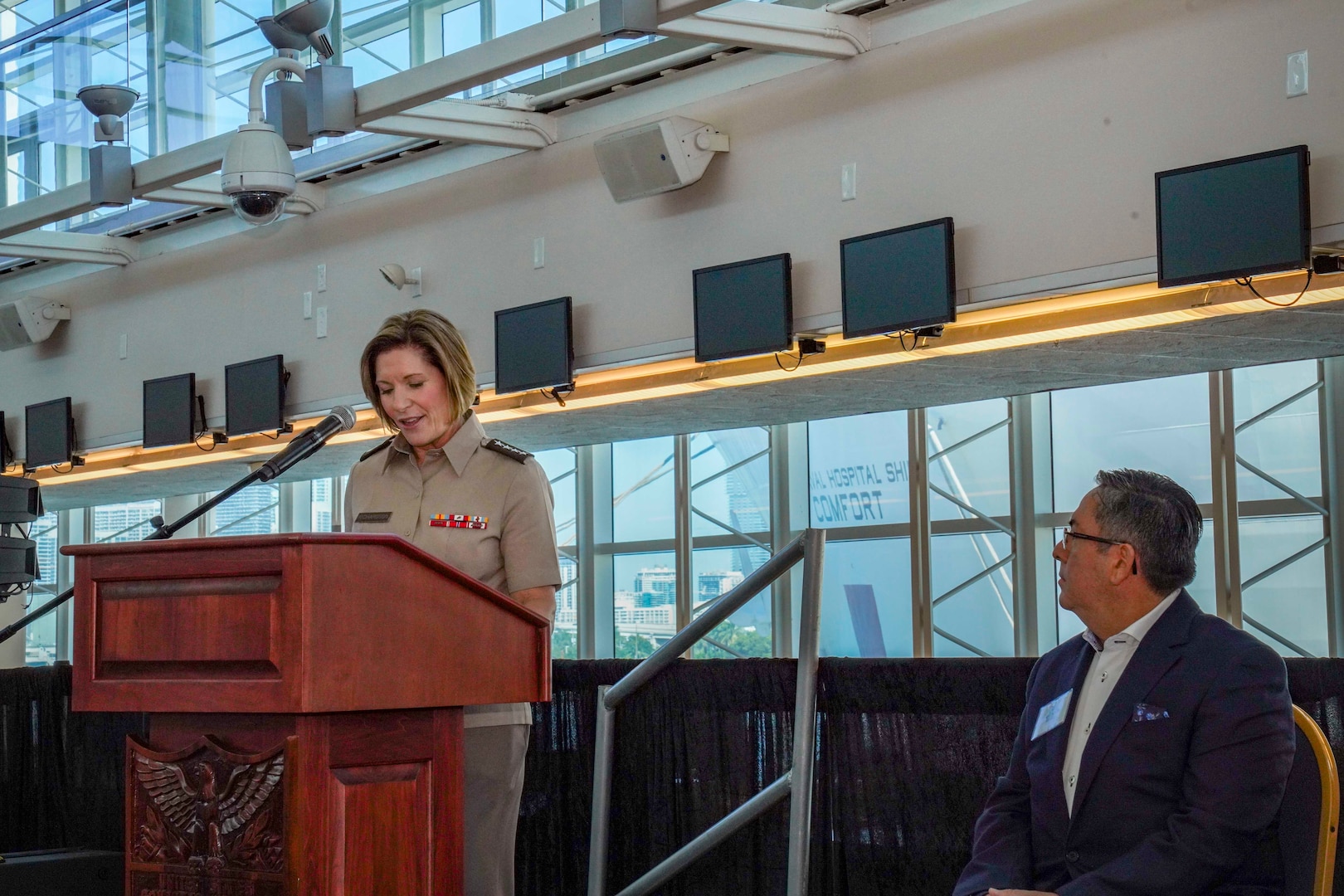 Army Gen. Laura Richardson, commander of U.S. Southern Command, speaks at a reception following the arrival of hospital ship USNS Comfort.