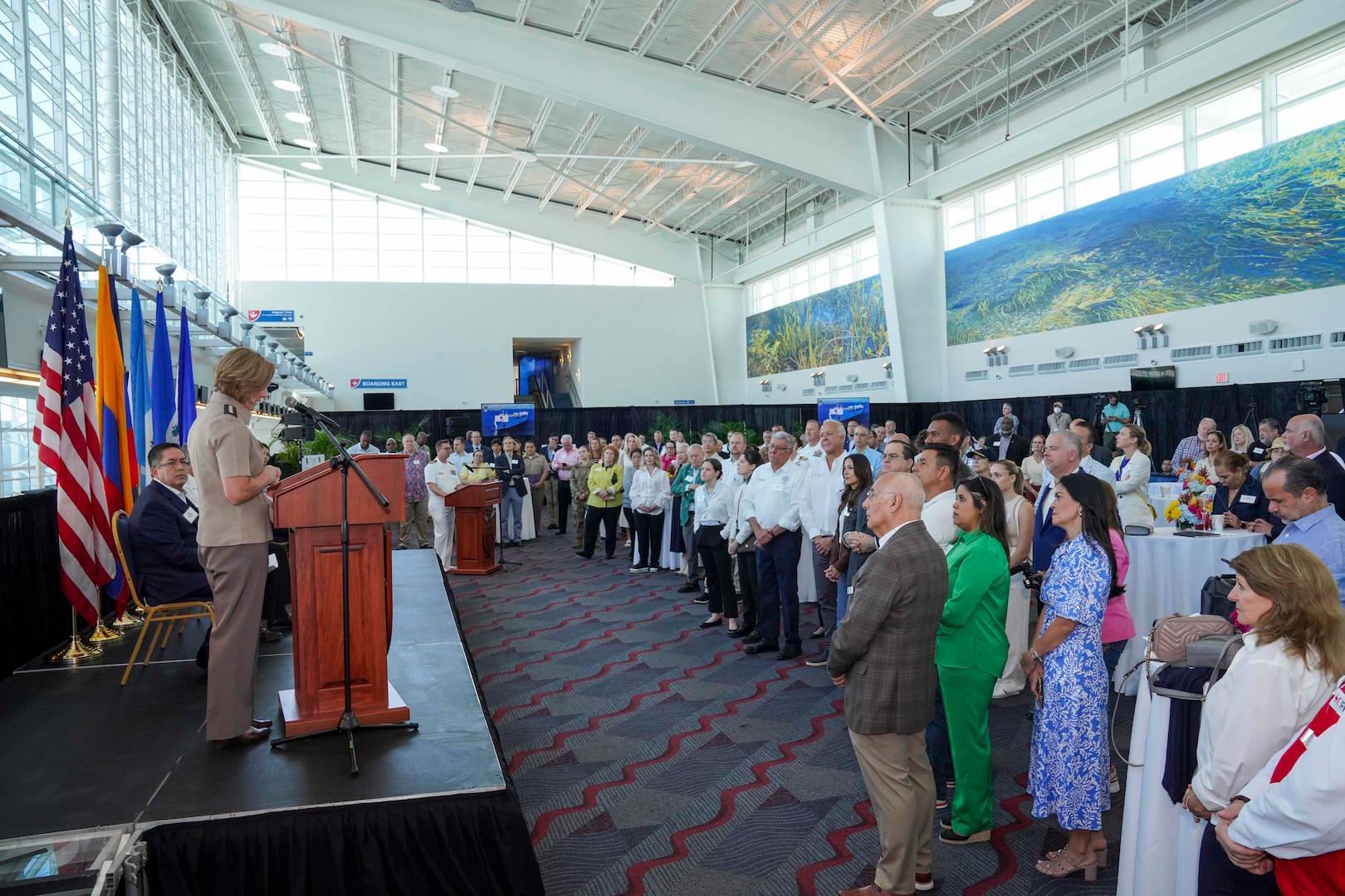 Army Gen. Laura Richardson, commander of U.S. Southern Command, speaks at a reception following the arrival of hospital ship USNS Comfort.