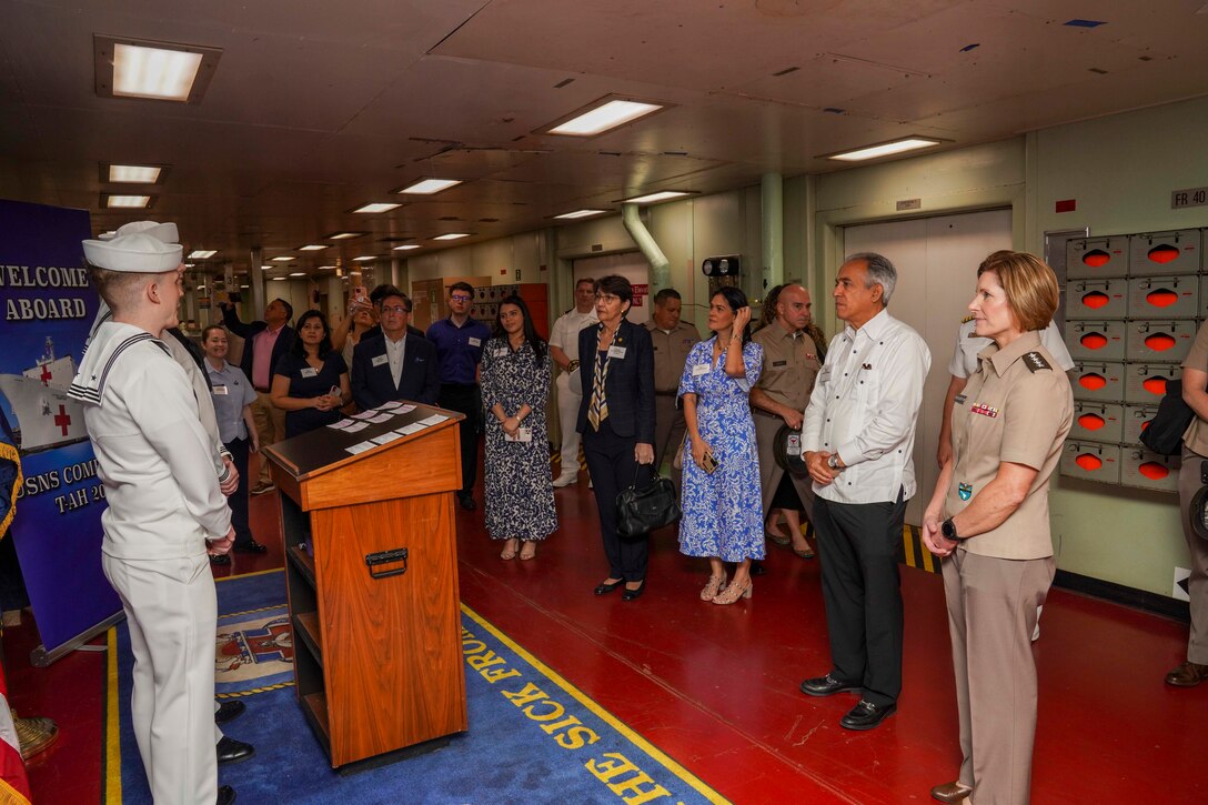 Army Gen. Laura Richardson, commander of U.S. Southern Command, and distinguished visitors tour hospital ship USNS Comfort .