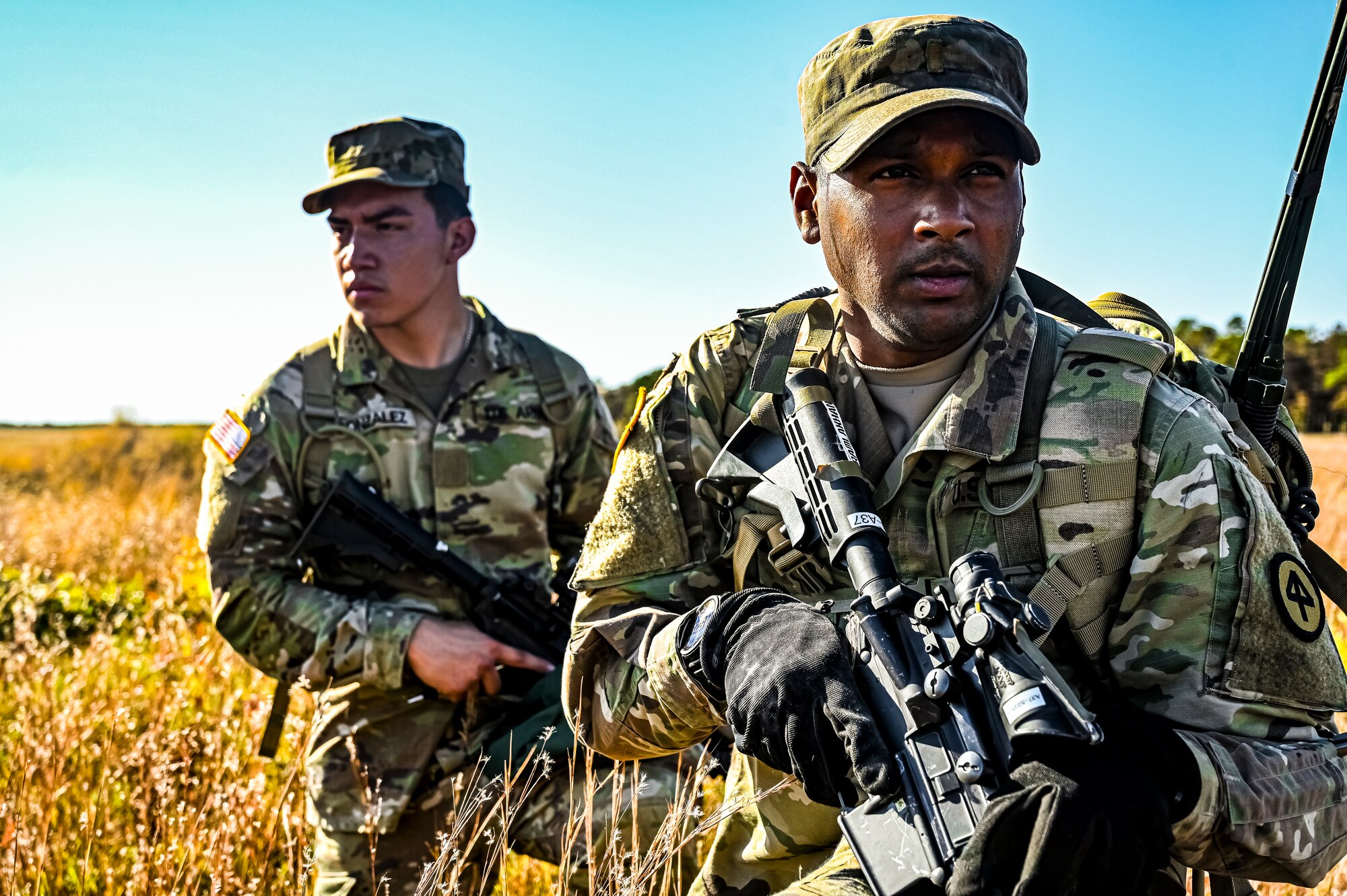U.S. Army Soldiers assigned to the 113th Infantry Regiment conduct a platoon attack drill at Joint Base McGuire-Dix-Lakehurst, N.J. on Oct. 15, 2022. During the drill the platoon lead squad locates and suppresses the enemy, establishes supporting fire, and assaults the enemy position using fire and maneuver. The platoon destroys or causes the enemy to withdraw and conducts consolidation and reorganization thereafter. Once the platoon conducts action on enemy contact, the squad or section in contact reacts to contact by immediately returning well-aimed fire on known enemy positions. Dismounted Soldiers assume the nearest covered positions available and the element in contact attempts to achieve suppressive fires. Once achieved, the element leader notifies the platoon leader of the action.