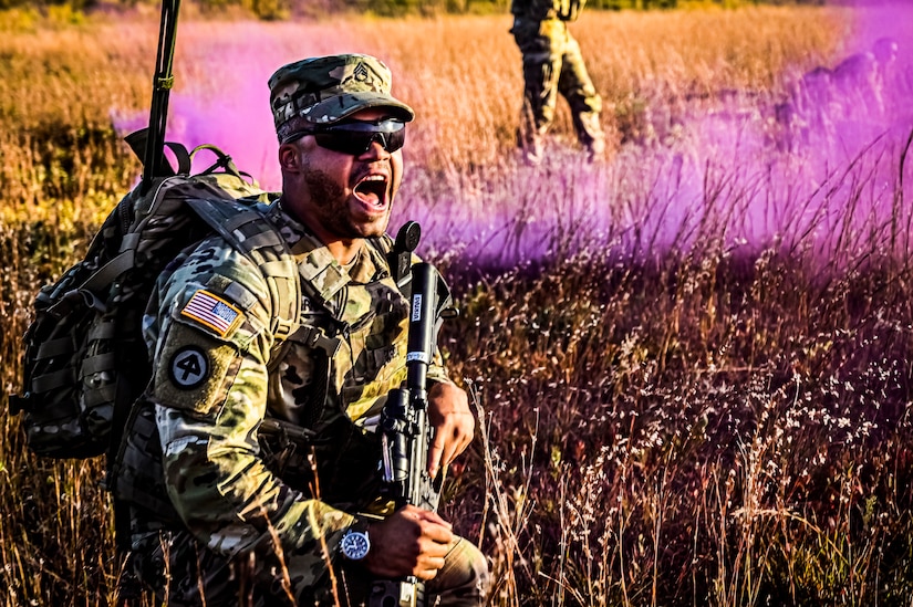 U.S. Army Soldiers assigned to the 113th Infantry Regiment conduct a platoon attack drill at Joint Base McGuire-Dix-Lakehurst, N.J. on Oct. 15, 2022. During the drill the platoon lead squad locates and suppresses the enemy, establishes supporting fire, and assaults the enemy position using fire and maneuver. The platoon destroys or causes the enemy to withdraw and conducts consolidation and reorganization thereafter. Once the platoon conducts action on enemy contact, the squad or section in contact reacts to contact by immediately returning well-aimed fire on known enemy positions. Dismounted Soldiers assume the nearest covered positions available and the element in contact attempts to achieve suppressive fires. Once achieved, the element leader notifies the platoon leader of the action.