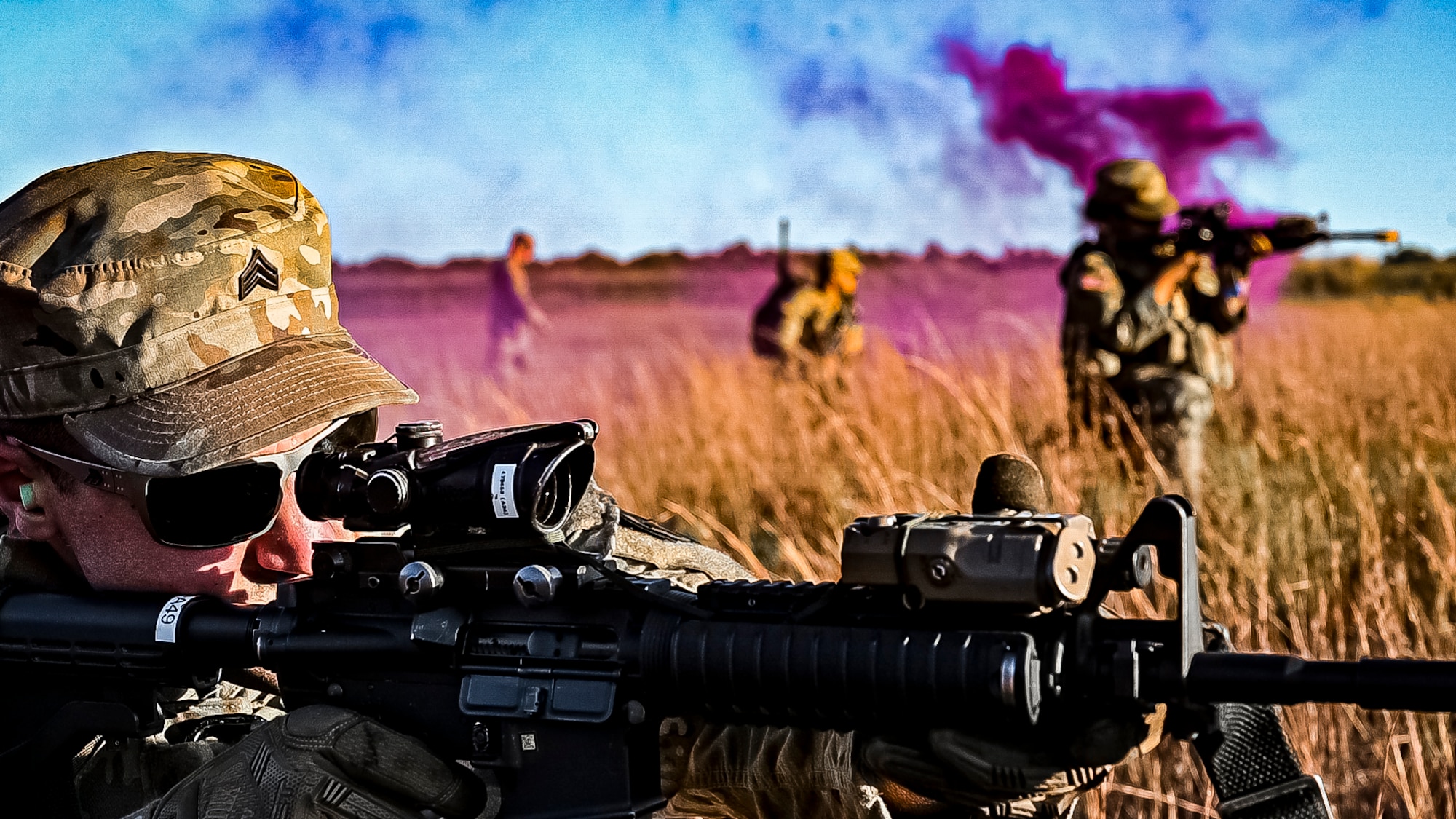 U.S. Army Soldiers assigned to the 113th Infantry Regiment conduct a platoon attack drill at Joint Base McGuire-Dix-Lakehurst, N.J. on Oct. 15, 2022. During the drill the platoon lead squad locates and suppresses the enemy, establishes supporting fire, and assaults the enemy position using fire and maneuver. The platoon destroys or causes the enemy to withdraw and conducts consolidation and reorganization thereafter. Once the platoon conducts action on enemy contact, the squad or section in contact reacts to contact by immediately returning well-aimed fire on known enemy positions. Dismounted Soldiers assume the nearest covered positions available and the element in contact attempts to achieve suppressive fires. Once achieved, the element leader notifies the platoon leader of the action.