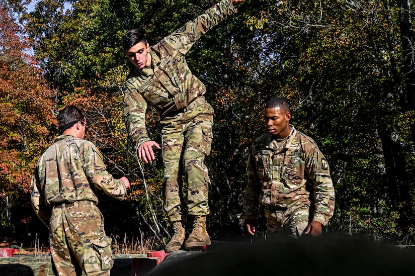 U.S. Army ROTC Cadets assigned to the U.S. Army Cadet Command 2nd Brigade compete during the Ranger Challenge at Joint Base McGuire-Dix-Lakehurst, N.J. on Oct. 22, 2022.The competition is conducted over two days on a non-tactical course. The mission is to challenge Cadets' mental and physical toughness and to develop leadership while fostering teamwork and esprit-de-corps. Teams participate in nine graded events, each team is awarded points based on how well they perform in each event. The best team in each event is awarded a trophy for being the first, second, and third place teams. The number one team is The Ranger Challenge Winner for that year.