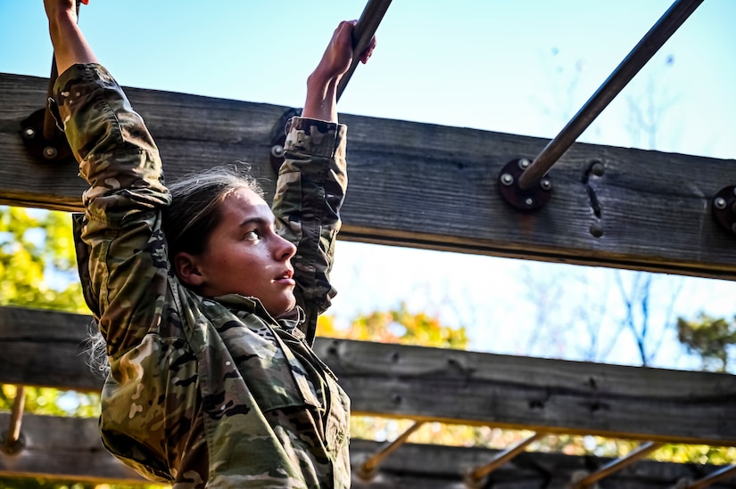 A U.S. Army ROTC Cadet assigned to the U.S. Army Cadet Command 2nd Brigade competes during the Ranger Challenge at Joint Base McGuire-Dix-Lakehurst, N.J. on Oct. 22, 2022.The competition is conducted over two days on a non-tactical course. The mission is to challenge Cadets' mental and physical toughness and to develop leadership while fostering teamwork and esprit-de-corps. Teams participate in nine graded events, each team is awarded points based on how well they perform in each event. The best team in each event is awarded a trophy for being the first, second, and third place teams. The number one team is The Ranger Challenge Winner for that year.