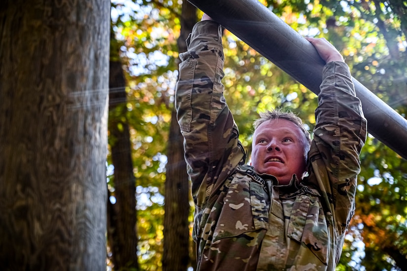 A U.S. Army ROTC Cadet assigned to the U.S. Army Cadet Command 2nd Brigade competes during the Ranger Challenge at Joint Base McGuire-Dix-Lakehurst, N.J. on Oct. 22, 2022.The competition is conducted over two days on a non-tactical course. The mission is to challenge Cadets' mental and physical toughness and to develop leadership while fostering teamwork and esprit-de-corps. Teams participate in nine graded events, each team is awarded points based on how well they perform in each event. The best team in each event is awarded a trophy for being the first, second, and third place teams. The number one team is The Ranger Challenge Winner for that year.