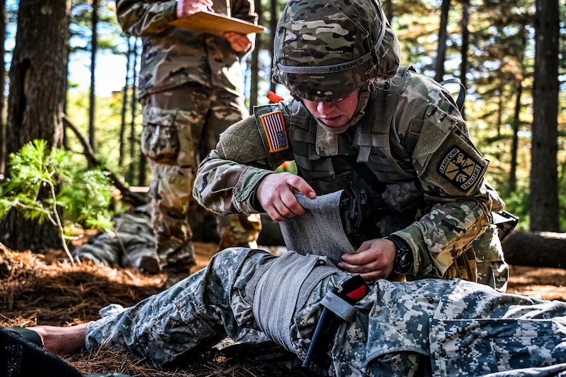 A U.S. Army ROTC Cadet assigned to the U.S. Army Cadet Command 2nd Brigade competes during the Ranger Challenge at Joint Base McGuire-Dix-Lakehurst, N.J. on Oct. 22, 2022.The competition is conducted over two days on a non-tactical course. The mission is to challenge Cadets' mental and physical toughness and to develop leadership while fostering teamwork and esprit-de-corps. Teams participate in nine graded events, each team is awarded points based on how well they perform in each event. The best team in each event is awarded a trophy for being the first, second, and third place teams. The number one team is The Ranger Challenge Winner for that year.