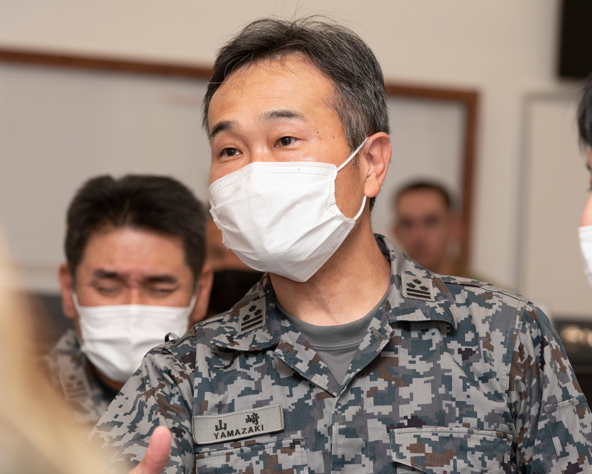 Japan Air Self-Defense Force Col. Koji Yamazaki, Air Staff Office, Defense Planning and Policy Department, Civil Engineering Division director, speaks following a briefing during a bilateral civil engineer key leader engagement in the Emergency Operations Center at Yokota Air Force, Japan, Oct, 20, 2022.