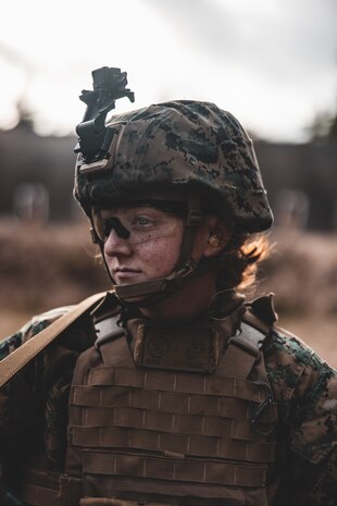 U.S. Marine Corps Lance Cpl. Makenna Holden, a motor vehicle operator with Combat Logistics Battalion 6 (CLB-6), Combat Logistics Regiment 2, 2nd Marine Logistics Group, faces up range before firing on a table 5 range in preparation for exercise Freezing Winds 22 in Syndalen, Finland, Oct. 10, 2022.
