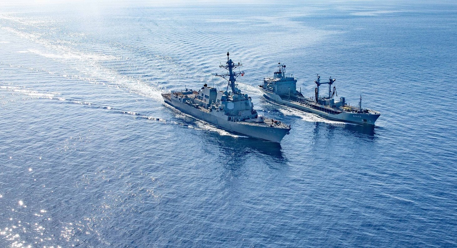 The Arleigh Burke-class guided-missile destroyer USS Truxtun (DDG 103) and German Rhon-class tanker FGS Spessart (A1442) perform a refueling-at-sea during Mare Aperto, Oct. 19, 2022.