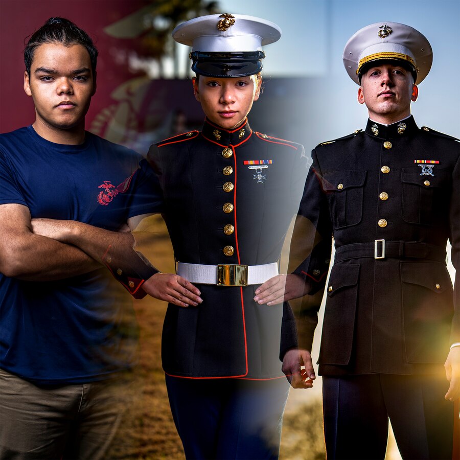 Donovan Smith, a U.S. Marine Corps poolee, U.S. Marine Corps Lance Cpl. Samantha Phipps, a bulk fuel specialist with Bulk Fuel Company Charlie, and U.S. Marine Corps 2nd Lt. Jonathan Bromley, a temporary officer selection officer with Recruiting Station Phoenix, pose for portrait in Arizona. This photo shows the progression of an individuals who plan to become a Marine Officer by joining the Delayed Entry Program, earning the title then commissioning, all through the Reserves.
