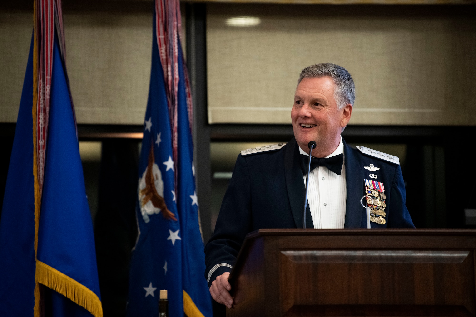 U.S. Air Force retired Lt. Gen. Marshall B. Webb, former Air Force Special Operations Command commander and Air Education and Training Command commander, delivers a speech during an Order of the Sword ceremony in his honor at Keesler Air Force Base, Mississippi, Oct. 15, 2022.